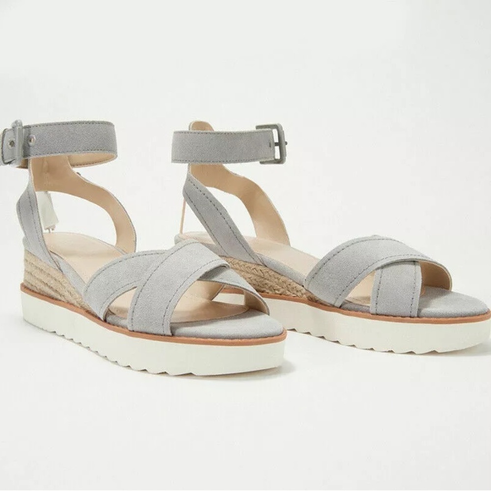 Marc Fisher • Suede Cross Strap Wedges - Jovana Light Grey